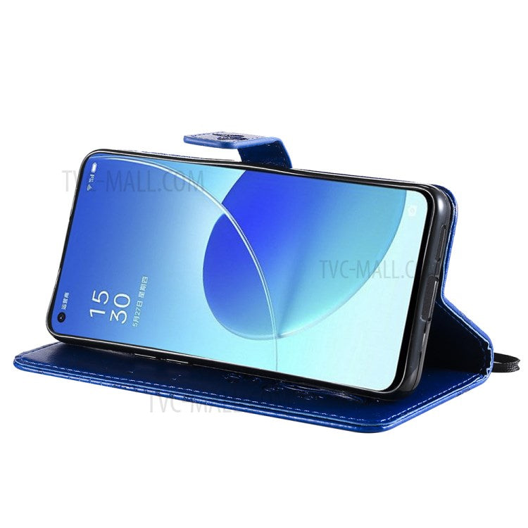 KT Imprinting Flower Series-2 Folio Flip Butterflies Imprinting Leather Wallet Case with Stand for Oppo Reno6 5G - Blue