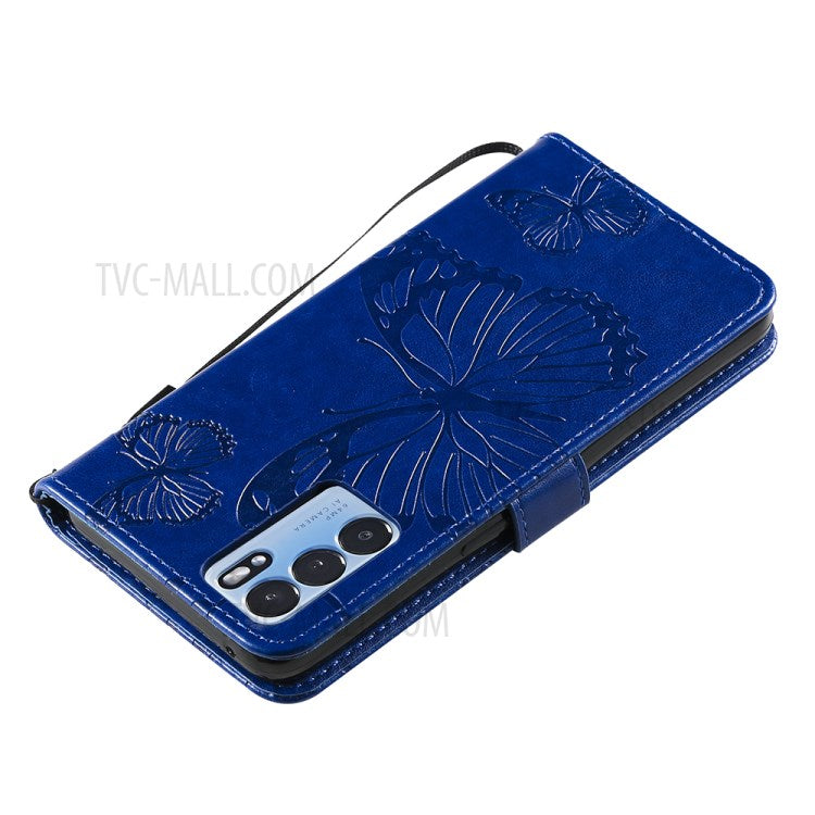 KT Imprinting Flower Series-2 Folio Flip Butterflies Imprinting Leather Wallet Case with Stand for Oppo Reno6 5G - Blue