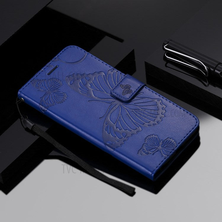 KT Imprinting Flower Series-2 Folio Flip Butterflies Imprinting Leather Wallet Case with Stand for Oppo Reno6 5G - Blue