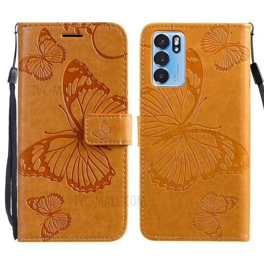 KT Imprinting Flower Series-2 Folio Flip Butterflies Imprinting Leather Wallet Case with Stand for Oppo Reno6 5G - Yellow