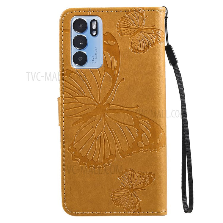 KT Imprinting Flower Series-2 Folio Flip Butterflies Imprinting Leather Wallet Case with Stand for Oppo Reno6 5G - Yellow