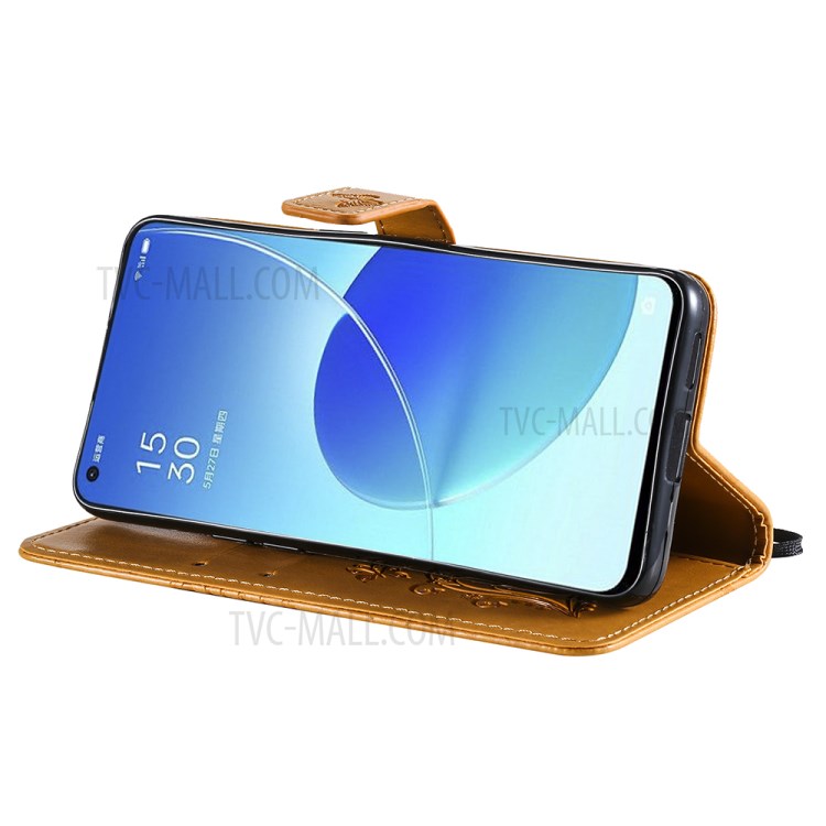 KT Imprinting Flower Series-2 Folio Flip Butterflies Imprinting Leather Wallet Case with Stand for Oppo Reno6 5G - Yellow