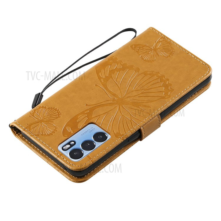KT Imprinting Flower Series-2 Folio Flip Butterflies Imprinting Leather Wallet Case with Stand for Oppo Reno6 5G - Yellow
