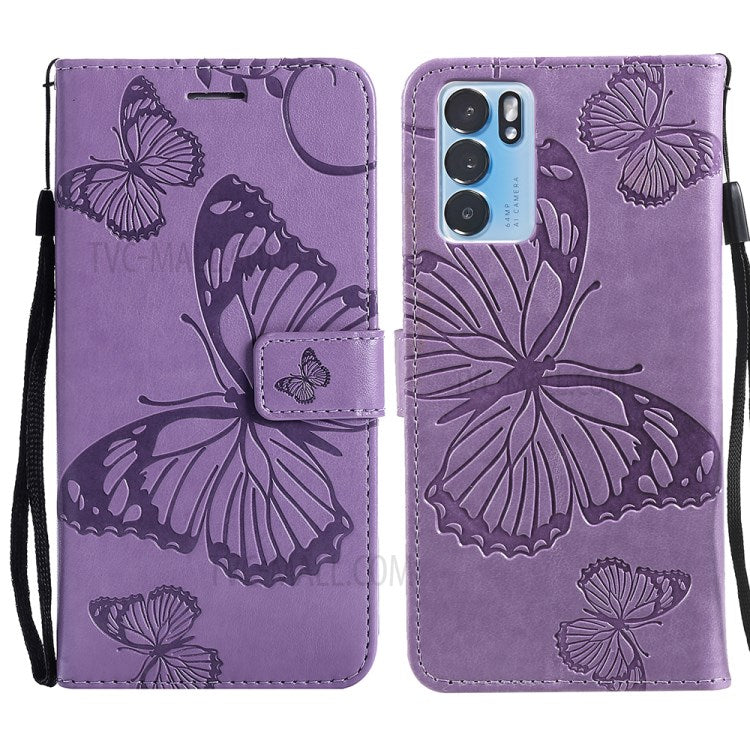 KT Imprinting Flower Series-2 Folio Flip Butterflies Imprinting Leather Wallet Case with Stand for Oppo Reno6 5G - Purple