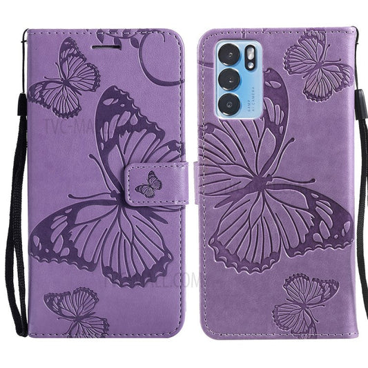 KT Imprinting Flower Series-2 Folio Flip Butterflies Imprinting Leather Wallet Case with Stand for Oppo Reno6 5G - Purple