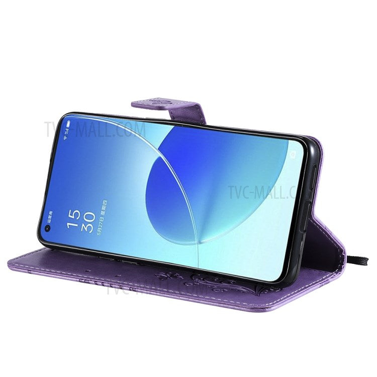 KT Imprinting Flower Series-2 Folio Flip Butterflies Imprinting Leather Wallet Case with Stand for Oppo Reno6 5G - Purple