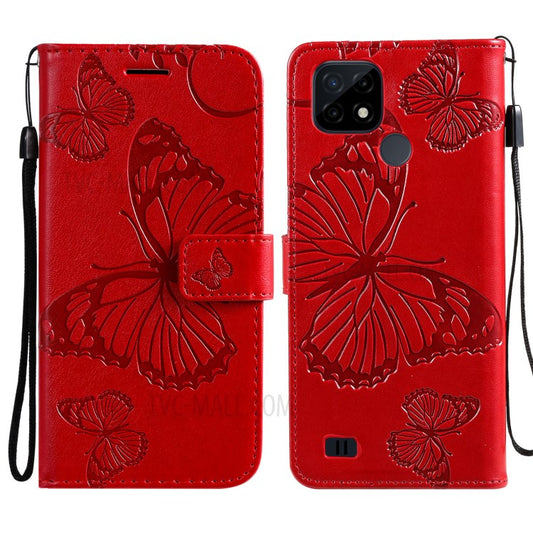 KT Imprinting Flower Series-2 Imprint Butterflies Wallet Stand Leather Flip Cover Protective Case with Handy Strap for Realme C21 - Red