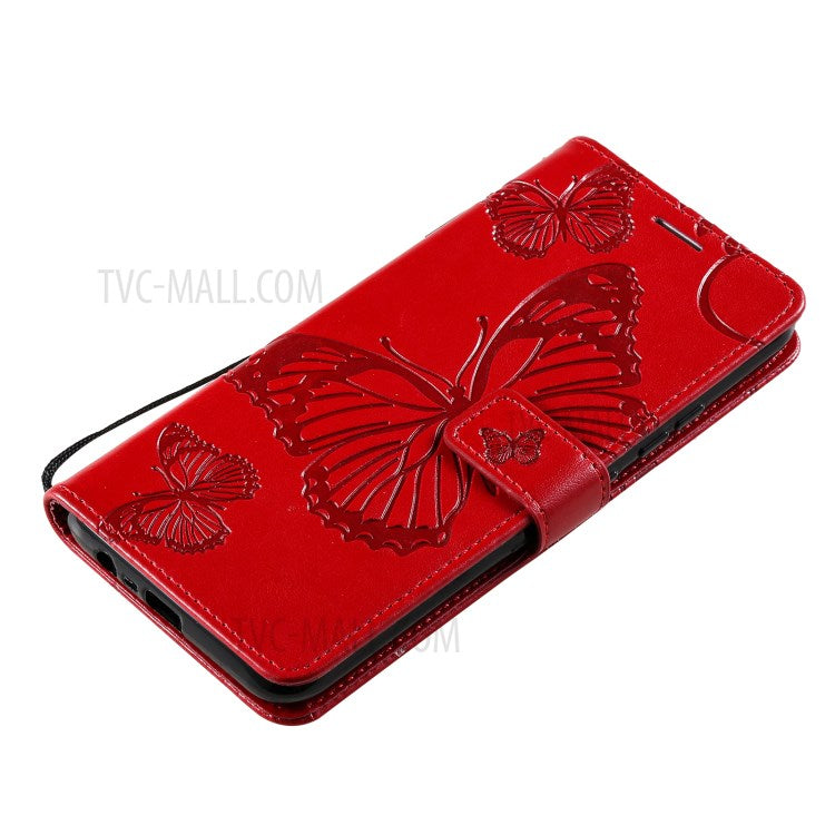 KT Imprinting Flower Series-2 Imprint Butterflies Wallet Stand Leather Flip Cover Protective Case with Handy Strap for Realme C21 - Red