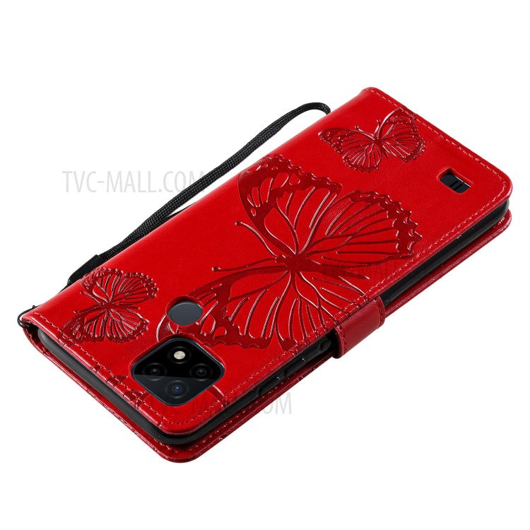 KT Imprinting Flower Series-2 Imprint Butterflies Wallet Stand Leather Flip Cover Protective Case with Handy Strap for Realme C21 - Red