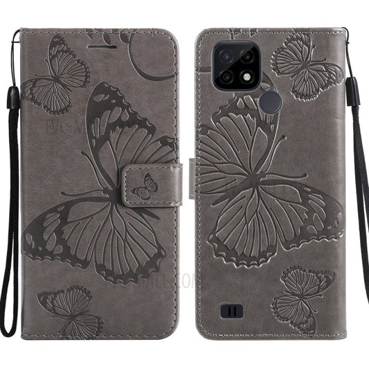 KT Imprinting Flower Series-2 Imprint Butterflies Wallet Stand Leather Flip Cover Protective Case with Handy Strap for Realme C21 - Grey