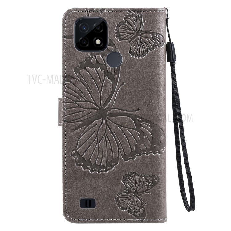KT Imprinting Flower Series-2 Imprint Butterflies Wallet Stand Leather Flip Cover Protective Case with Handy Strap for Realme C21 - Grey