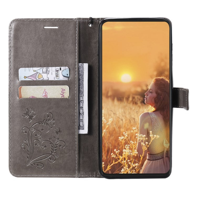 KT Imprinting Flower Series-2 Imprint Butterflies Wallet Stand Leather Flip Cover Protective Case with Handy Strap for Realme C21 - Grey
