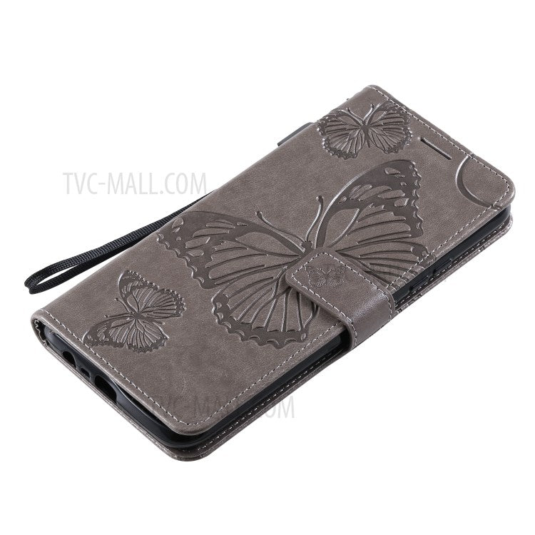 KT Imprinting Flower Series-2 Imprint Butterflies Wallet Stand Leather Flip Cover Protective Case with Handy Strap for Realme C21 - Grey