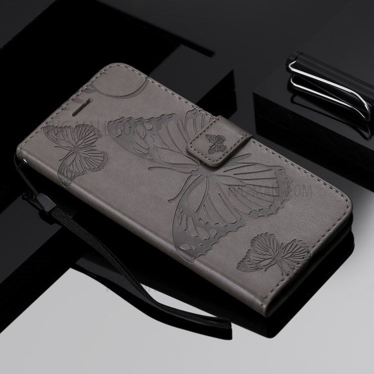 KT Imprinting Flower Series-2 Imprint Butterflies Wallet Stand Leather Flip Cover Protective Case with Handy Strap for Realme C21 - Grey