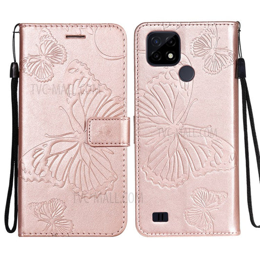 KT Imprinting Flower Series-2 Imprint Butterflies Wallet Stand Leather Flip Cover Protective Case with Handy Strap for Realme C21 - Rose Gold