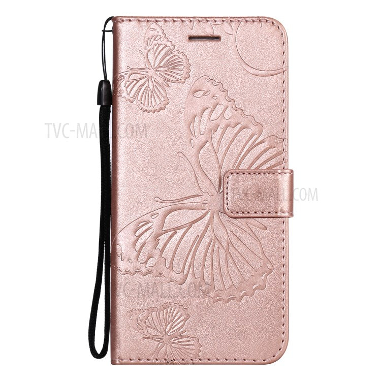 KT Imprinting Flower Series-2 Imprint Butterflies Wallet Stand Leather Flip Cover Protective Case with Handy Strap for Realme C21 - Rose Gold