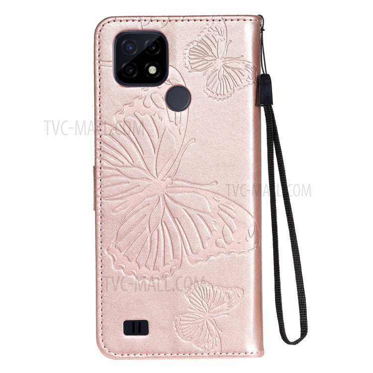 KT Imprinting Flower Series-2 Imprint Butterflies Wallet Stand Leather Flip Cover Protective Case with Handy Strap for Realme C21 - Rose Gold