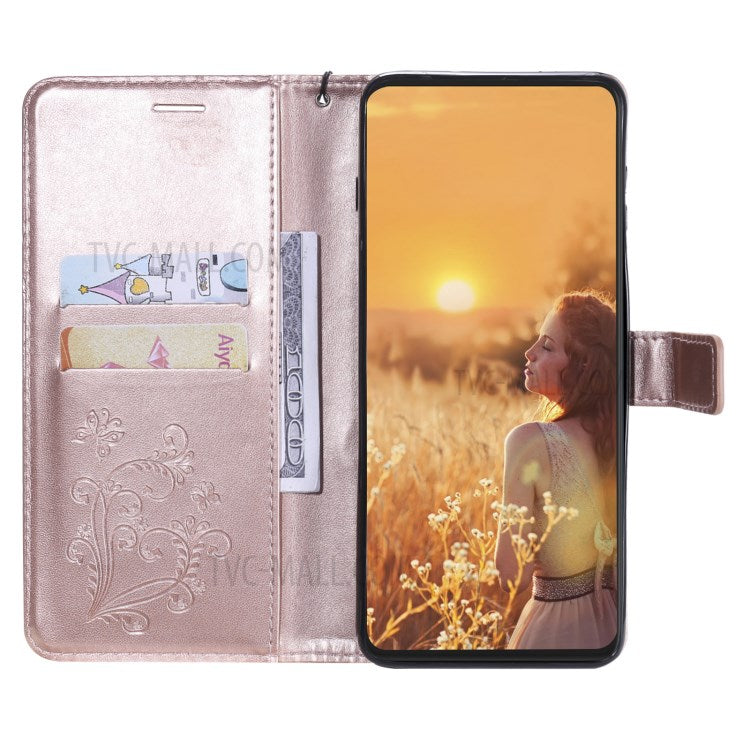 KT Imprinting Flower Series-2 Imprint Butterflies Wallet Stand Leather Flip Cover Protective Case with Handy Strap for Realme C21 - Rose Gold
