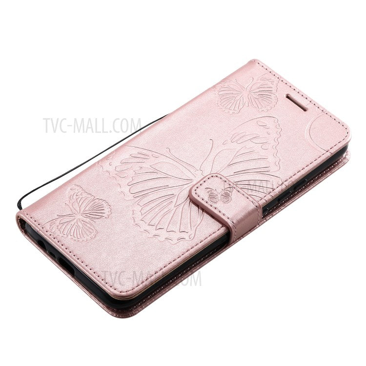 KT Imprinting Flower Series-2 Imprint Butterflies Wallet Stand Leather Flip Cover Protective Case with Handy Strap for Realme C21 - Rose Gold