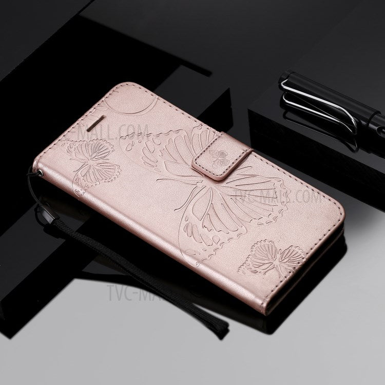 KT Imprinting Flower Series-2 Imprint Butterflies Wallet Stand Leather Flip Cover Protective Case with Handy Strap for Realme C21 - Rose Gold