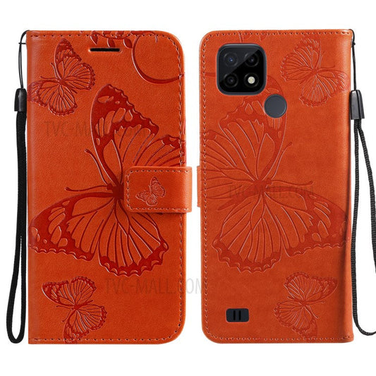 KT Imprinting Flower Series-2 Imprint Butterflies Wallet Stand Leather Flip Cover Protective Case with Handy Strap for Realme C21 - Orange