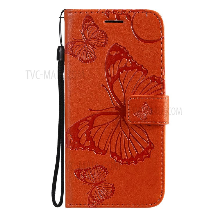 KT Imprinting Flower Series-2 Imprint Butterflies Wallet Stand Leather Flip Cover Protective Case with Handy Strap for Realme C21 - Orange