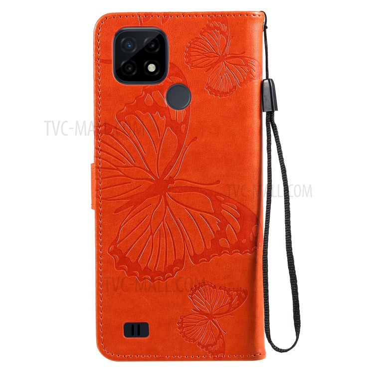 KT Imprinting Flower Series-2 Imprint Butterflies Wallet Stand Leather Flip Cover Protective Case with Handy Strap for Realme C21 - Orange