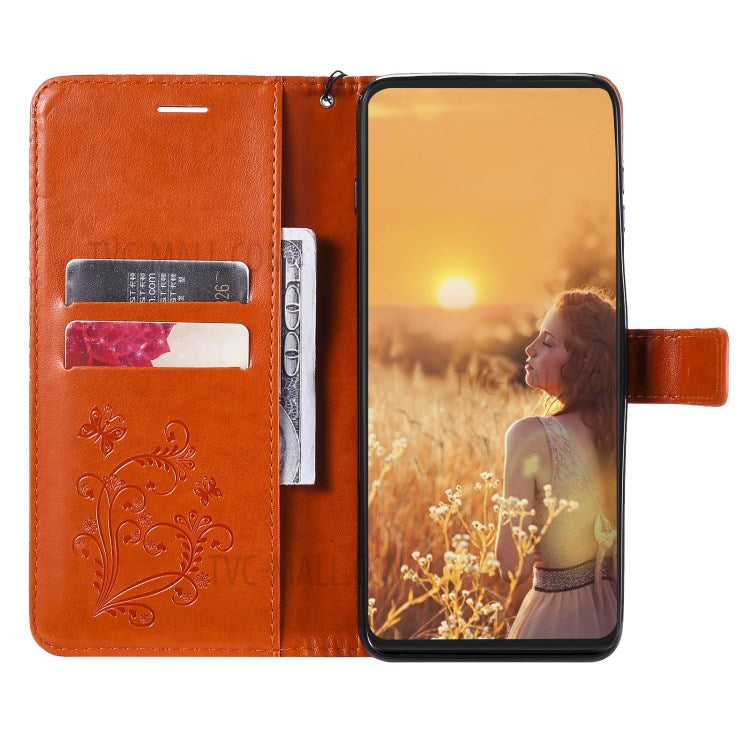 KT Imprinting Flower Series-2 Imprint Butterflies Wallet Stand Leather Flip Cover Protective Case with Handy Strap for Realme C21 - Orange