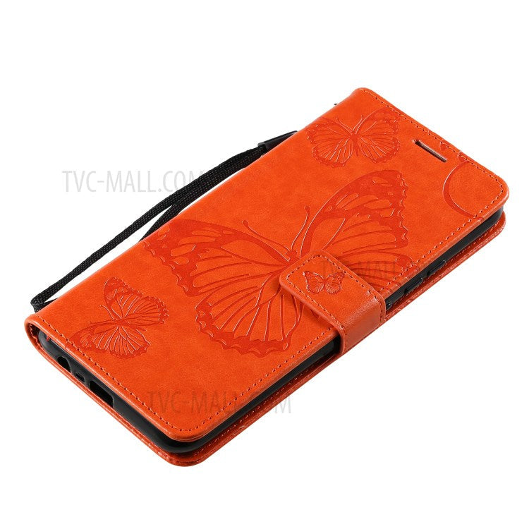 KT Imprinting Flower Series-2 Imprint Butterflies Wallet Stand Leather Flip Cover Protective Case with Handy Strap for Realme C21 - Orange