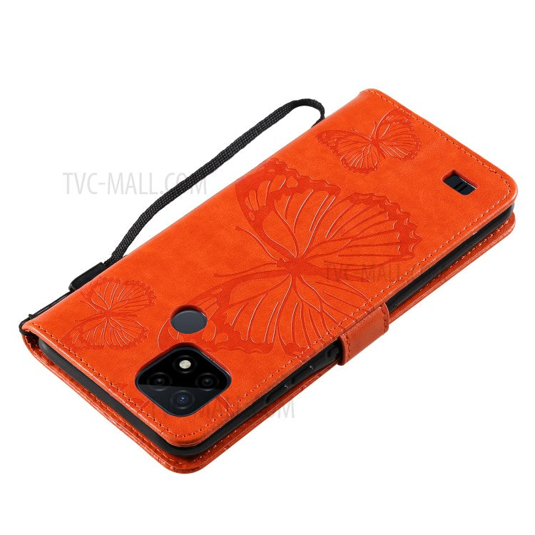 KT Imprinting Flower Series-2 Imprint Butterflies Wallet Stand Leather Flip Cover Protective Case with Handy Strap for Realme C21 - Orange