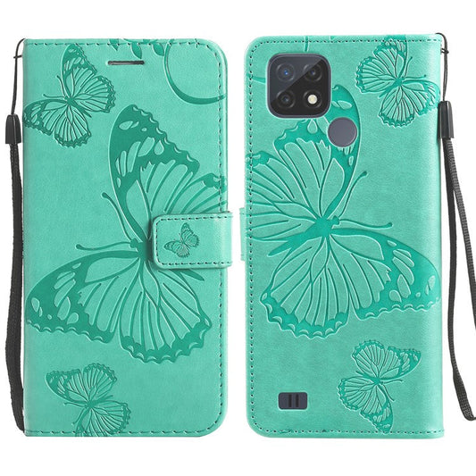 KT Imprinting Flower Series-2 Imprint Butterflies Wallet Stand Leather Flip Cover Protective Case with Handy Strap for Realme C21 - Green