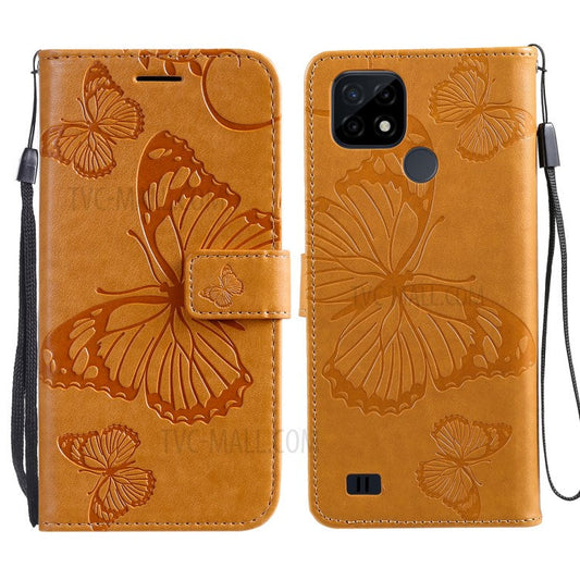 KT Imprinting Flower Series-2 Imprint Butterflies Wallet Stand Leather Flip Cover Protective Case with Handy Strap for Realme C21 - Yellow