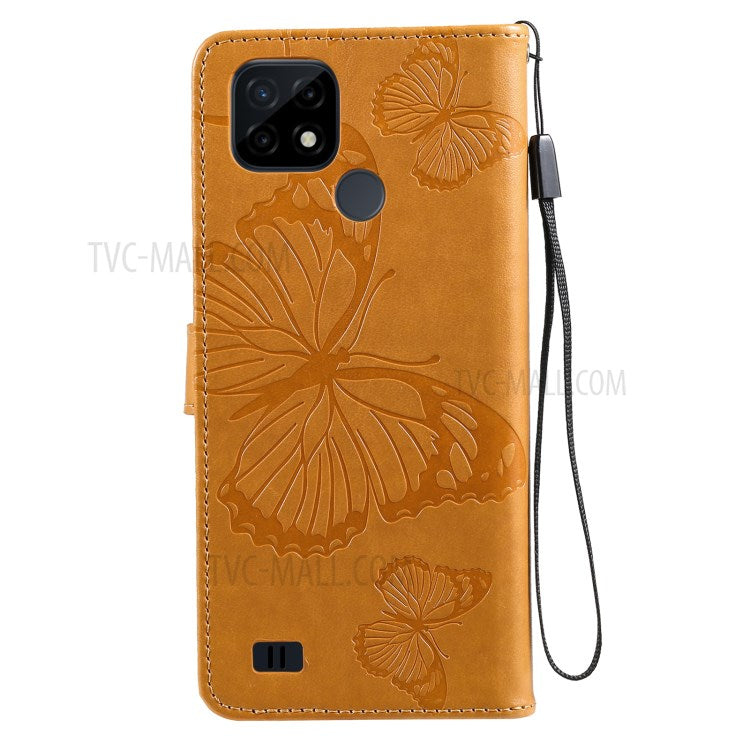 KT Imprinting Flower Series-2 Imprint Butterflies Wallet Stand Leather Flip Cover Protective Case with Handy Strap for Realme C21 - Yellow