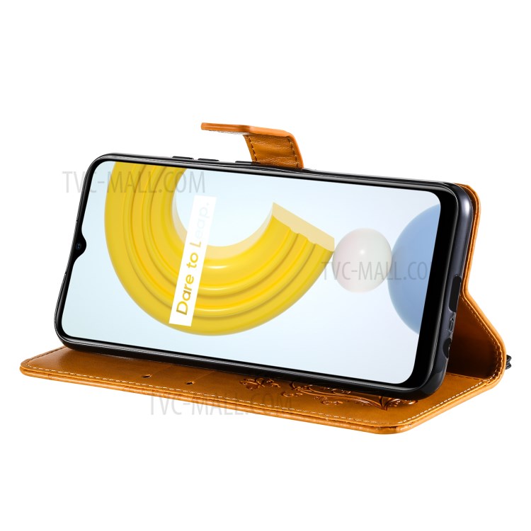 KT Imprinting Flower Series-2 Imprint Butterflies Wallet Stand Leather Flip Cover Protective Case with Handy Strap for Realme C21 - Yellow