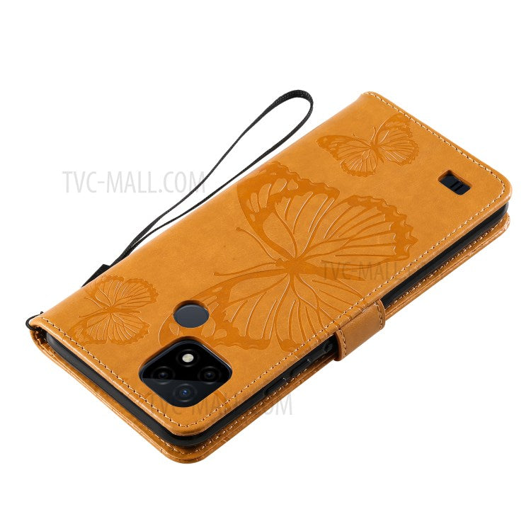 KT Imprinting Flower Series-2 Imprint Butterflies Wallet Stand Leather Flip Cover Protective Case with Handy Strap for Realme C21 - Yellow