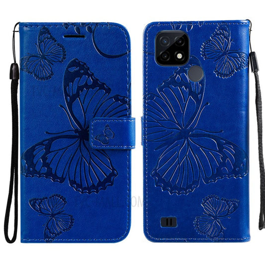 KT Imprinting Flower Series-2 Imprint Butterflies Wallet Stand Leather Flip Cover Protective Case with Handy Strap for Realme C21 - Blue
