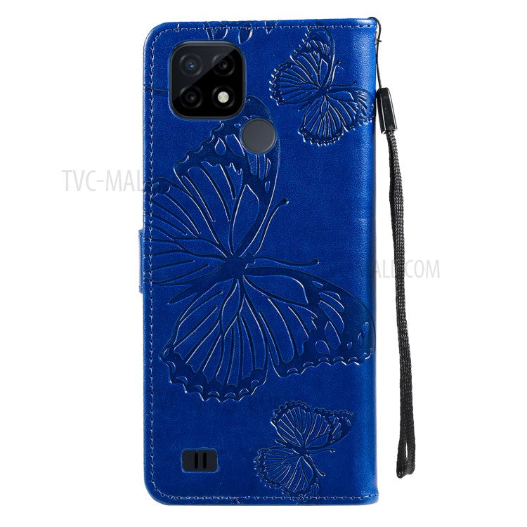 KT Imprinting Flower Series-2 Imprint Butterflies Wallet Stand Leather Flip Cover Protective Case with Handy Strap for Realme C21 - Blue