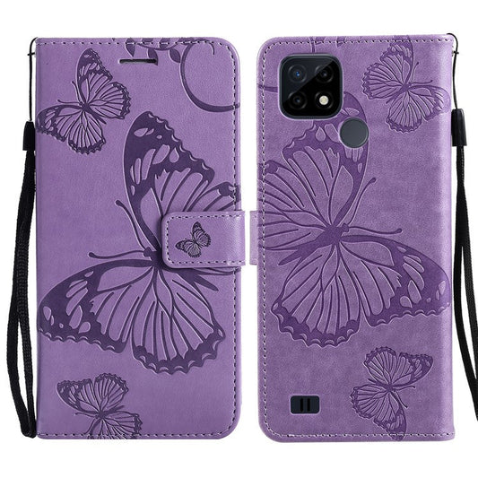 KT Imprinting Flower Series-2 Imprint Butterflies Wallet Stand Leather Flip Cover Protective Case with Handy Strap for Realme C21 - Purple