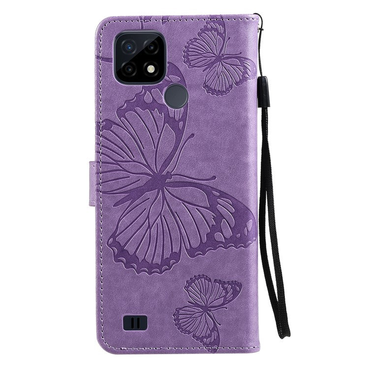 KT Imprinting Flower Series-2 Imprint Butterflies Wallet Stand Leather Flip Cover Protective Case with Handy Strap for Realme C21 - Purple