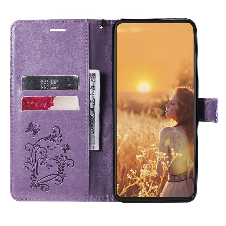 KT Imprinting Flower Series-2 Imprint Butterflies Wallet Stand Leather Flip Cover Protective Case with Handy Strap for Realme C21 - Purple