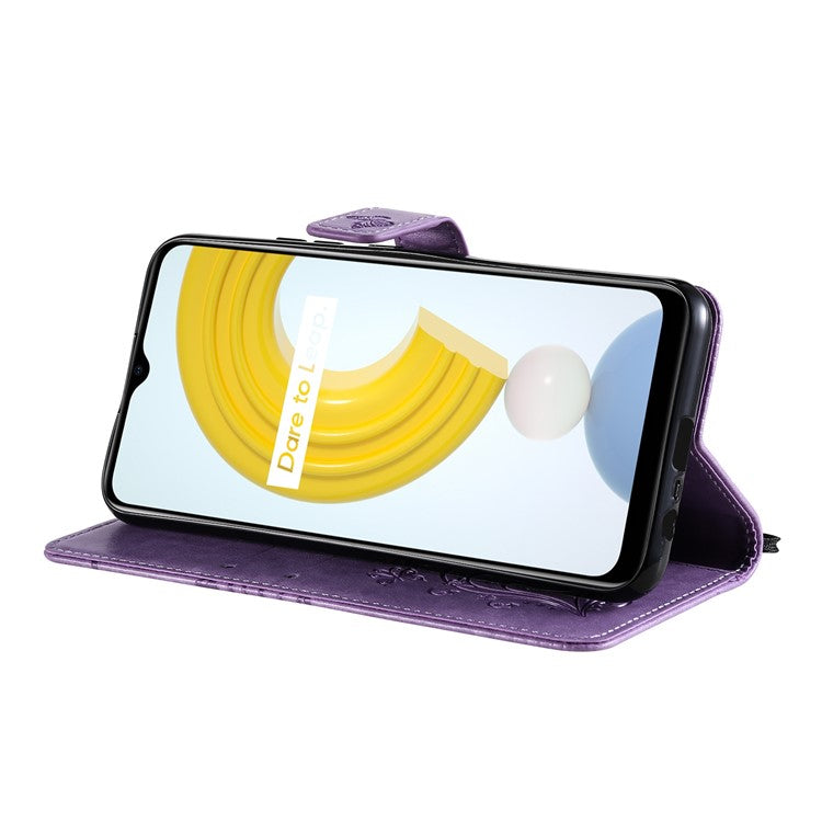 KT Imprinting Flower Series-2 Imprint Butterflies Wallet Stand Leather Flip Cover Protective Case with Handy Strap for Realme C21 - Purple