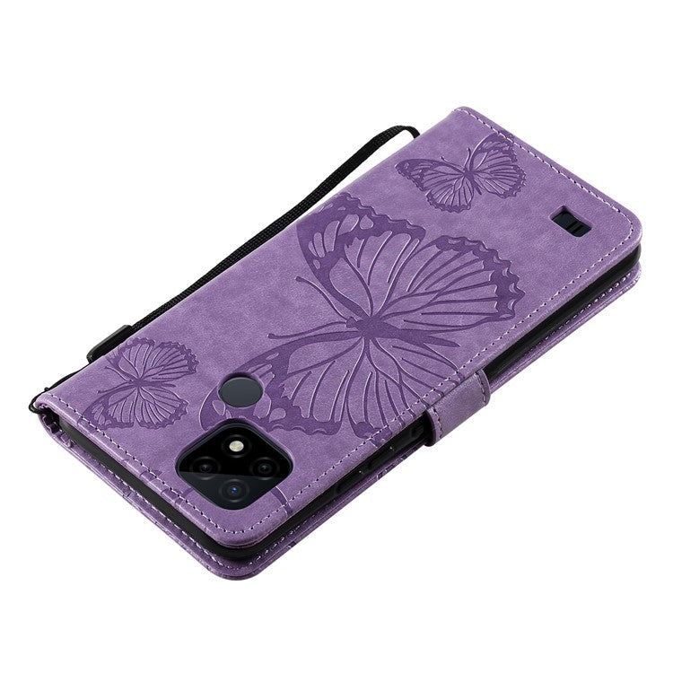KT Imprinting Flower Series-2 Imprint Butterflies Wallet Stand Leather Flip Cover Protective Case with Handy Strap for Realme C21 - Purple