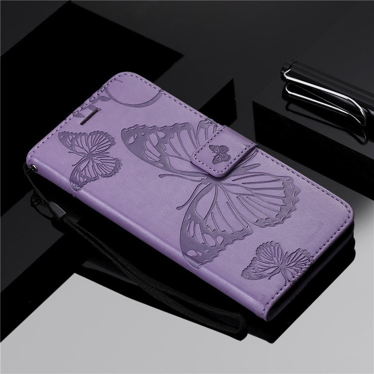 KT Imprinting Flower Series-2 Imprint Butterflies Wallet Stand Leather Flip Cover Protective Case with Handy Strap for Realme C21 - Purple