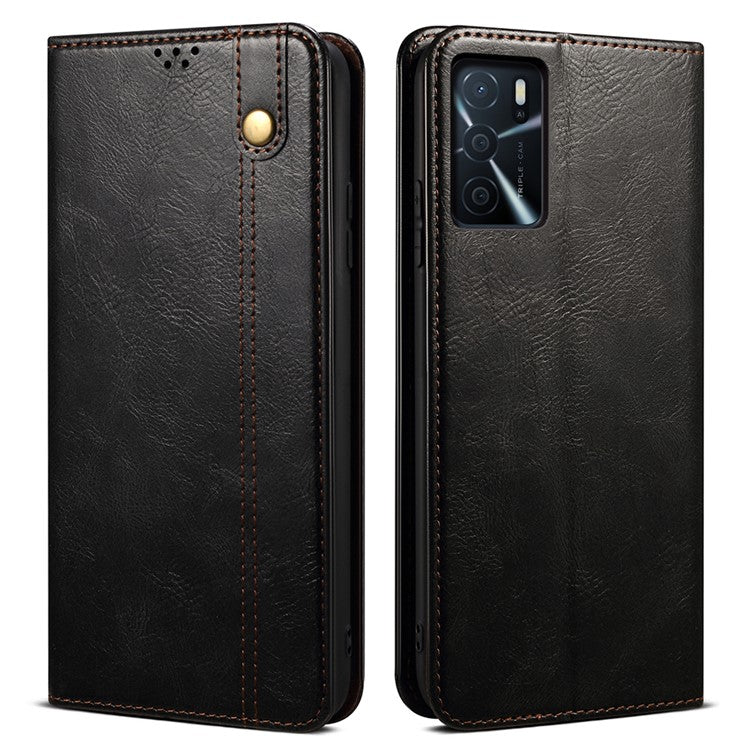 Leisure Waxy Crazy Horse Texture Leather Wallet Stand Phone Case Auto-Absorbed Flip Cover for Oppo A16/A16s/A54s - Black