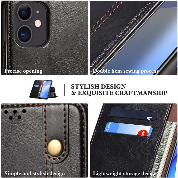 Leisure Waxy Crazy Horse Texture Leather Wallet Stand Phone Case Auto-Absorbed Flip Cover for Oppo A16/A16s/A54s - Black