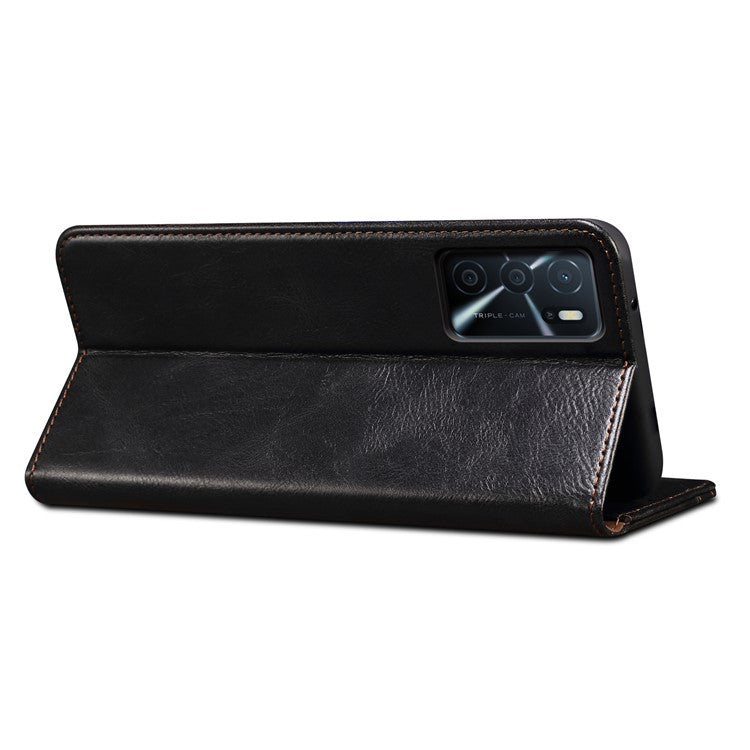 Leisure Waxy Crazy Horse Texture Leather Wallet Stand Phone Case Auto-Absorbed Flip Cover for Oppo A16/A16s/A54s - Black