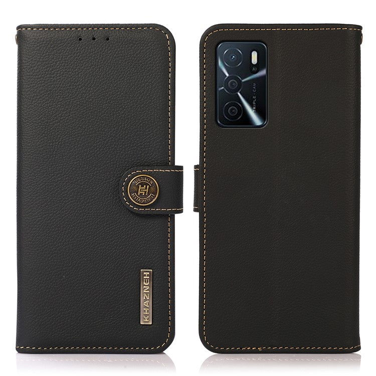 KHAZNEH Genuine Leather Wallet Stand Phone Case with Anti-theft Swiping Design for Oppo A16/A16s/A54s - Black