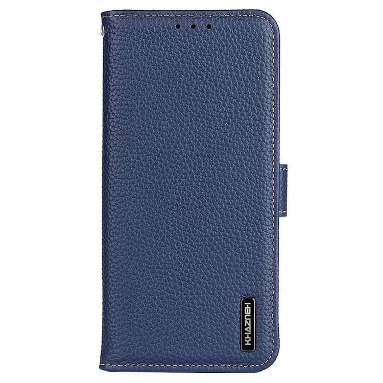 KHAZNEH Litchi Texture Top Layer Genuine Leather Wallet Stand Phone Case Shell for Oppo A16/A16s/A54s - Blue