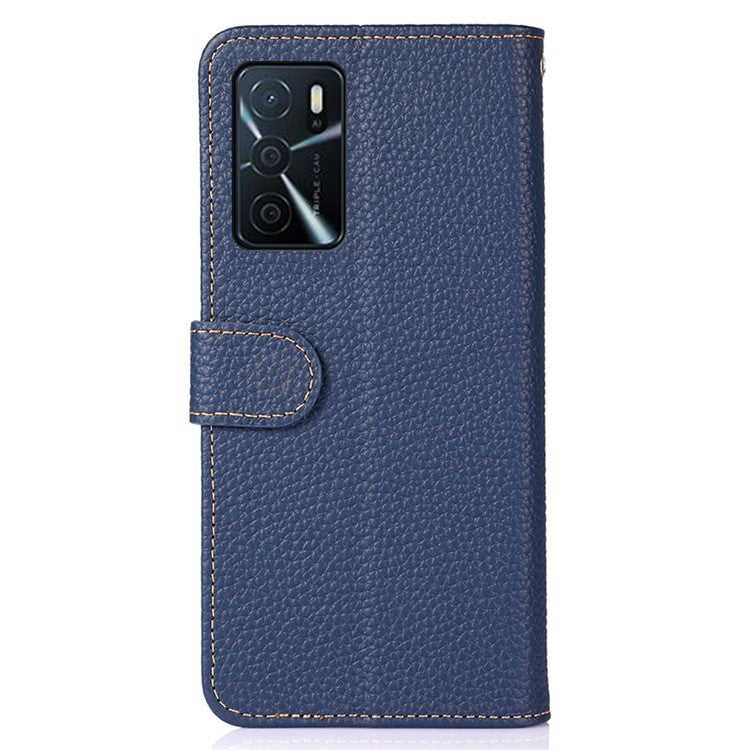 KHAZNEH Litchi Texture Top Layer Genuine Leather Wallet Stand Phone Case Shell for Oppo A16/A16s/A54s - Blue