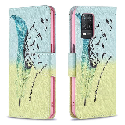 Wallet Stand Design Folio Flip Pattern Printing Magnetic Leather Case for Realme 8 5G/V13 5G/Narzo 30 5G - Feather/Bird Pattern